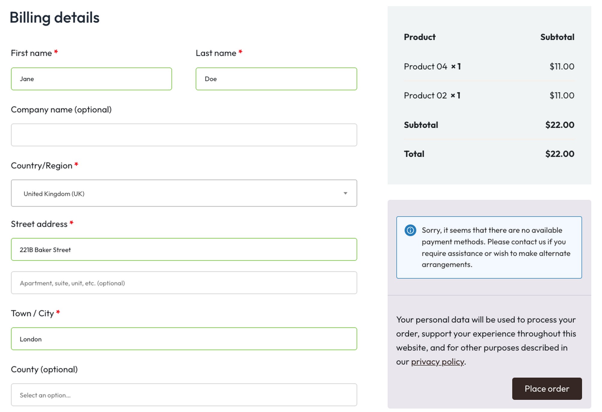 What the WooCommerce Checkout Shortcode looks like when it's published on a page.